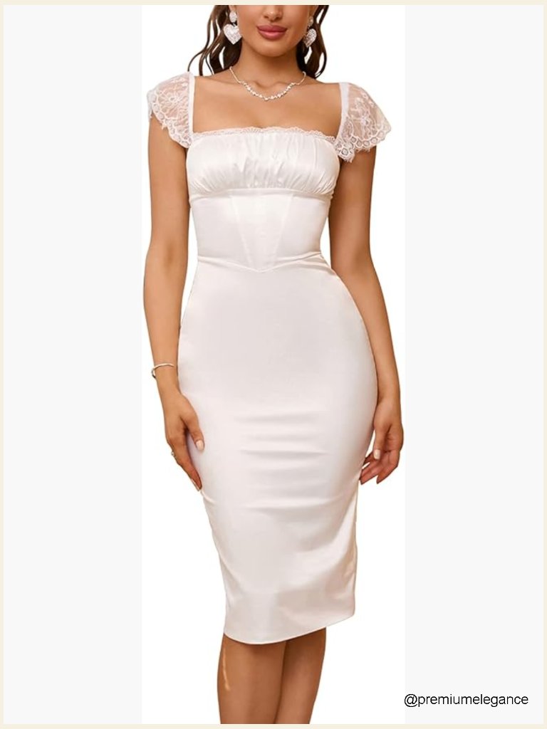 Lace Strap Bodycon Satin Midi Dress Square Neck Backless Formal Party